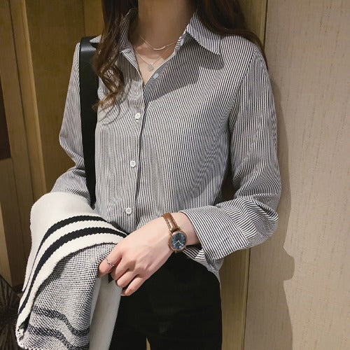 Spring Women's Korean Style New Casual Student Shirt Bottoming Shirt Fashion Loose Long-Sleeved Vertical Striped Shirt